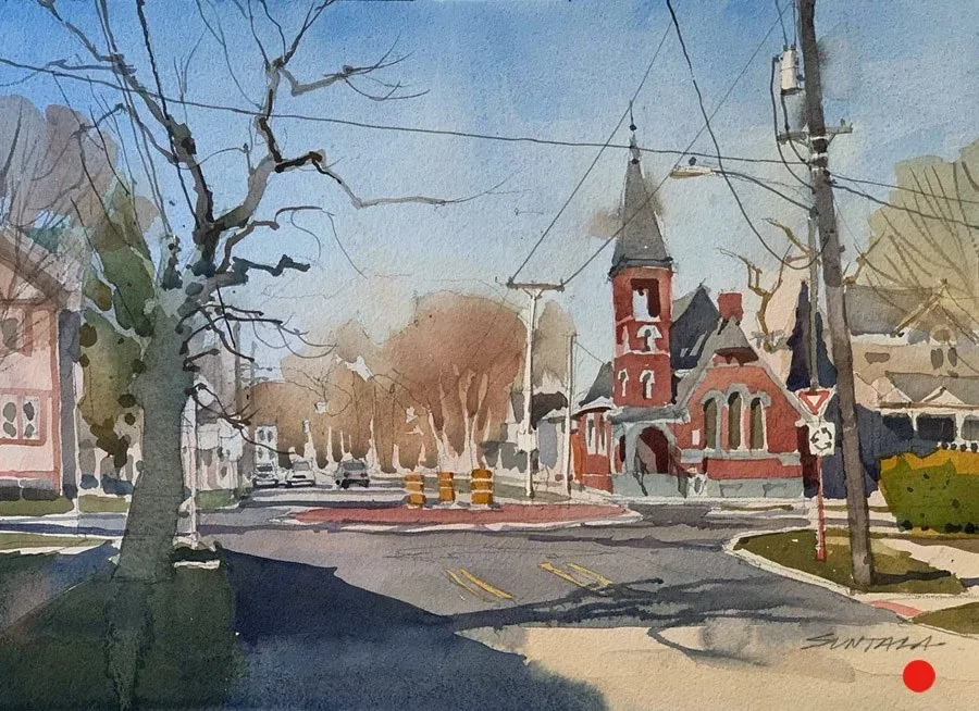 Loose plein air watercolor of the old Finnish Church at W 58th and Franklin Ave.