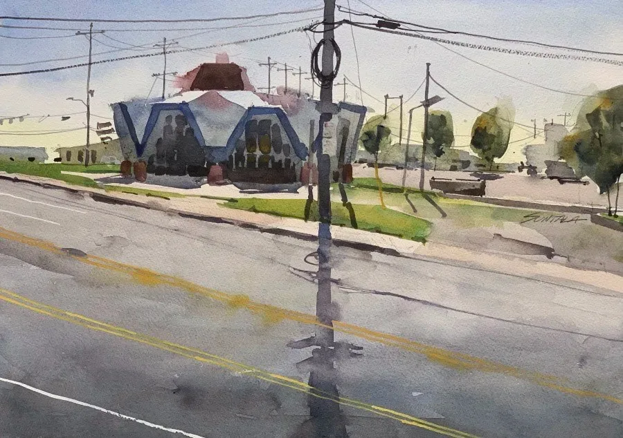 An old googie styled Royal Castle is seen at the corner of Denison Ave and Ridge Rd. Painted on June 27th, 2022.