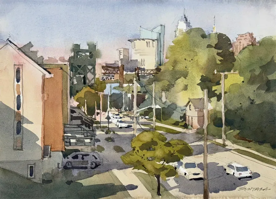 Loose plein air watercolor looking down on Columbus Rd from the Lorain Carnegie Bridge.