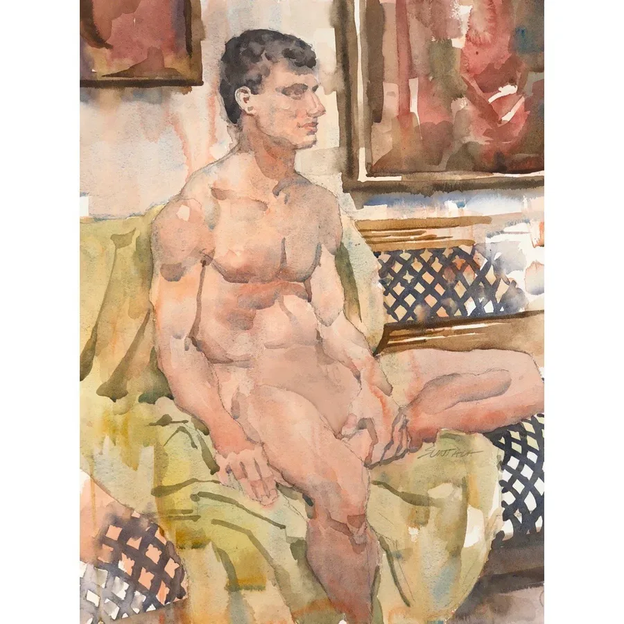 Nude male seated.