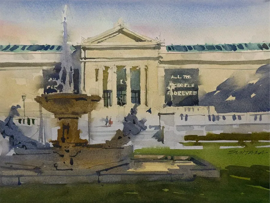 Loose plein air watercolor of the Cleveland Museum of Art and the fountain in front of it.