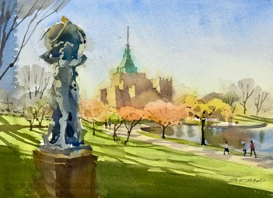 Loose yet illustrative watercolor of Wade Lagoon and the Night Passing Into Day statue.