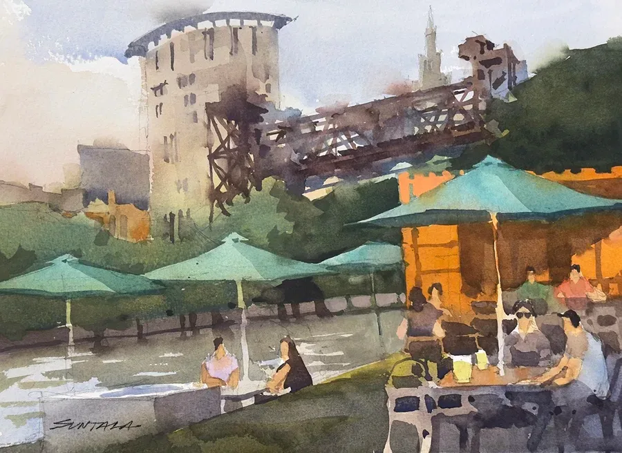Loose yet illustrative watercolor of the Brewdog Brewery on the Cuyahoga River in Cleveland, OH.