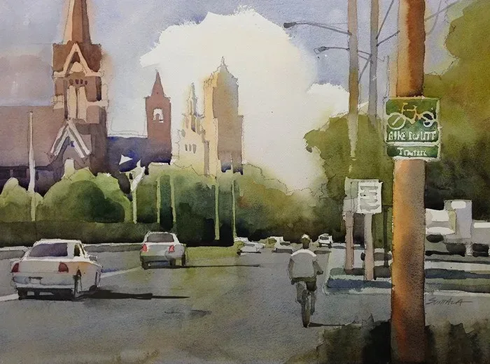 Watercolor of bicyclist on W 14th St. Tremont