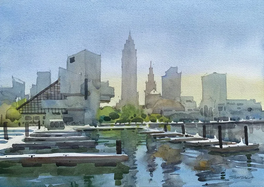 Plein Air watercolor of the Cleveland Skyline from the North Coast Harbor