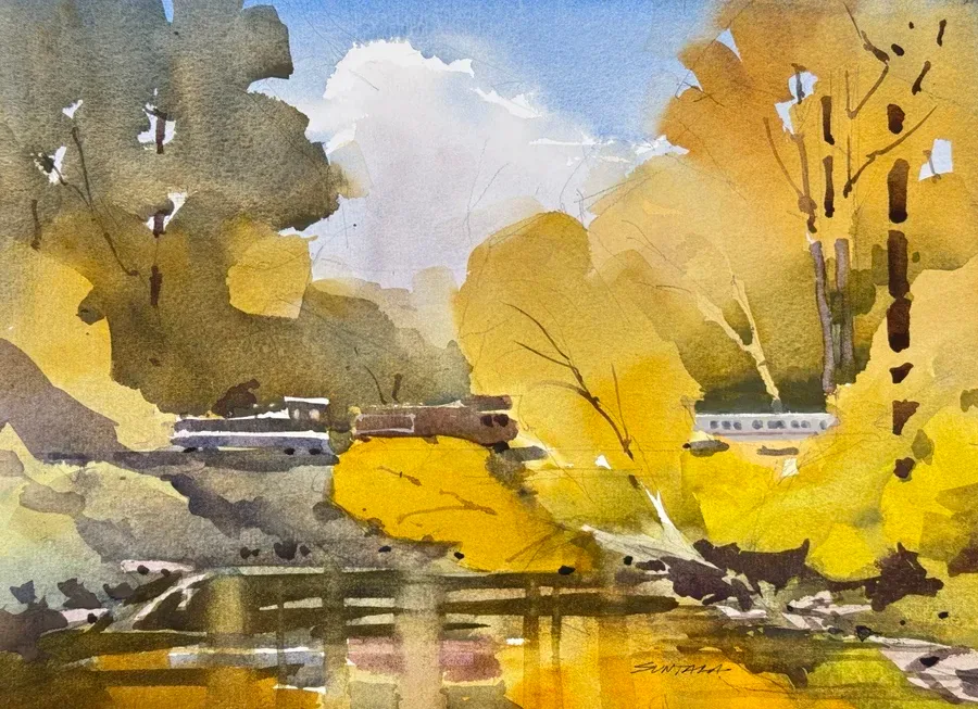 Loose plein air watercolor of the Oxbow Project and the Cuyahoga Valley Scenic Railroad.
