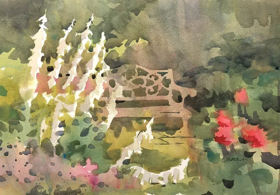 plein air watercolor of bench and flowers