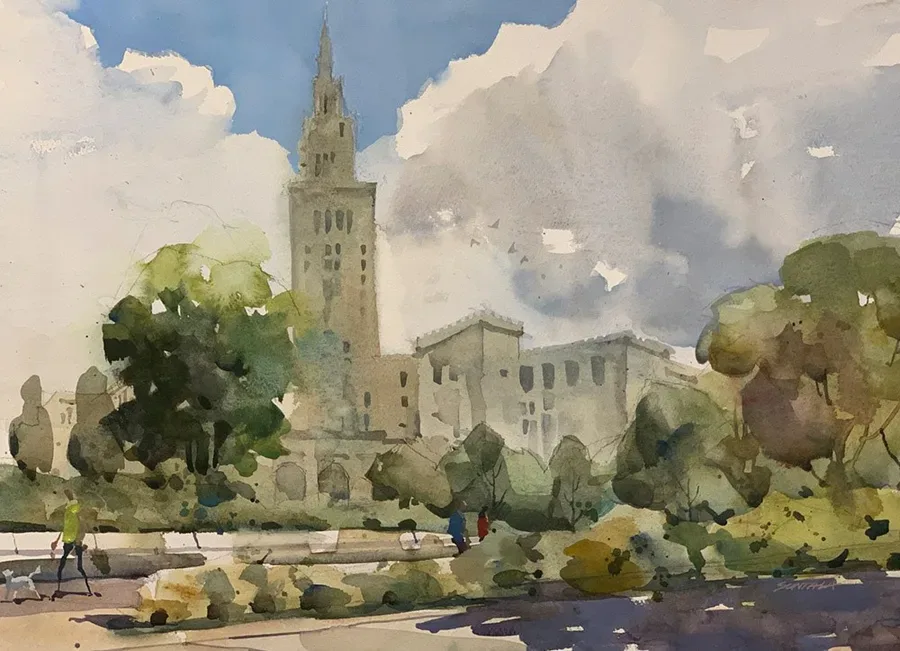 Terminal Tower From Public Square, watercolor on paper, 2020