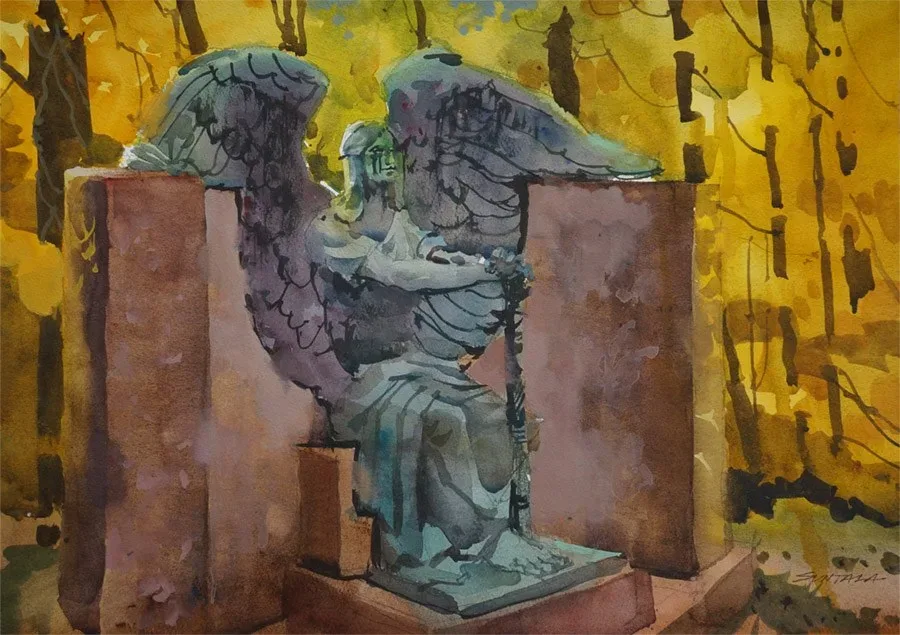 Loose watercolor and gouache painting of the Haserot Angel in Lake View Cemetery