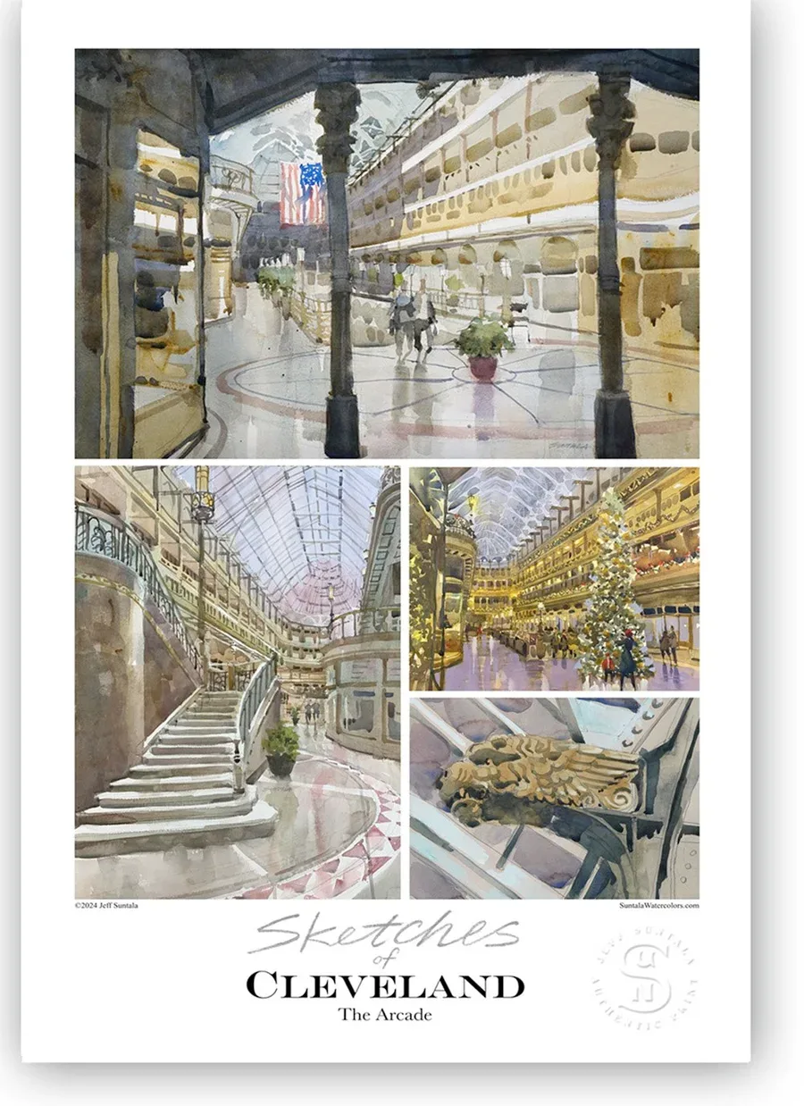 Print of sketches and paintings of the Cleveland Arcade.