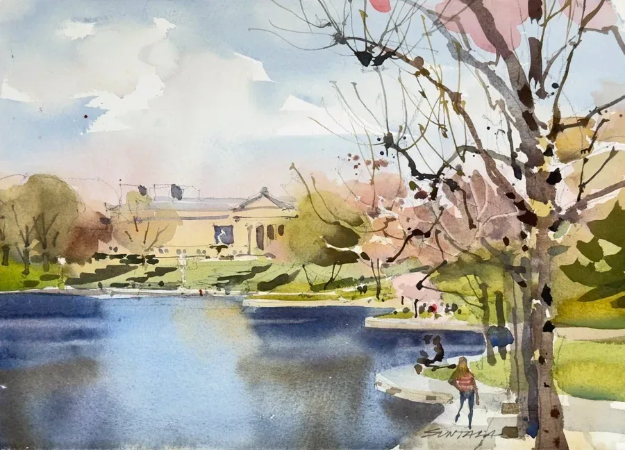 Loose yet illustrative watercolor of Wade Lagoon and The Cleveland Museum of Art. Cherry trees can be seen in bloom in the distance and pollarded sycamore trees, yet to bloom in the foreground.